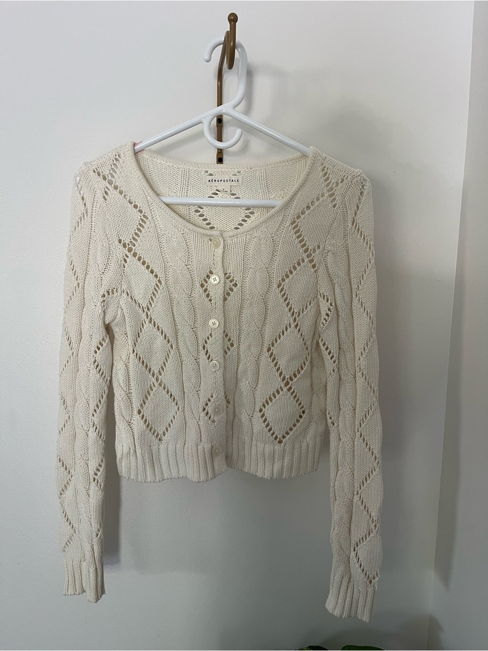 Aeropostale Cream Openwork Cropped Button Cardigan